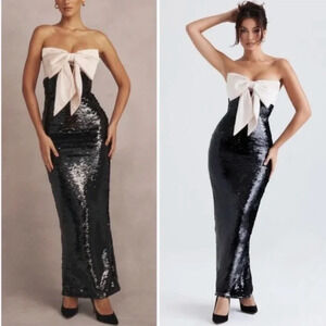 House of CB Black Sequin Maxi Dress with Cream Bow